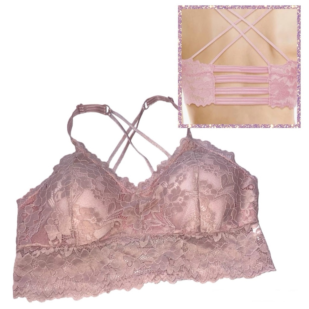 Lace Strappy Back Racerback Bralette w/ Removable Pads, Blush Pink, Size Large